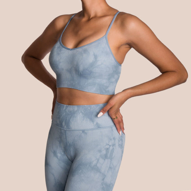 Hzori New Quick-Drying Seamless Tie-Dye Yoga Sports Running Beauty Back Bra and Trousers Suit Fitness Women