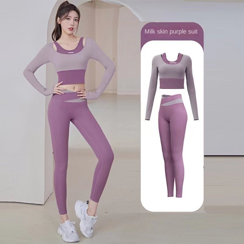 Hzori New Women's Quick-Drying Running Fitness Tight Fake Two-Piece Sports Top Suit with Chest Pad Long Sleeve Yoga Wear