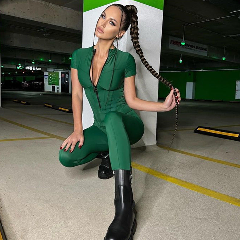 Hzori Sexy Tight Striped Jumpsuit Autumn and Winter New Fashion Short Sleeve Long Women's Clothing Can Be Worn outside