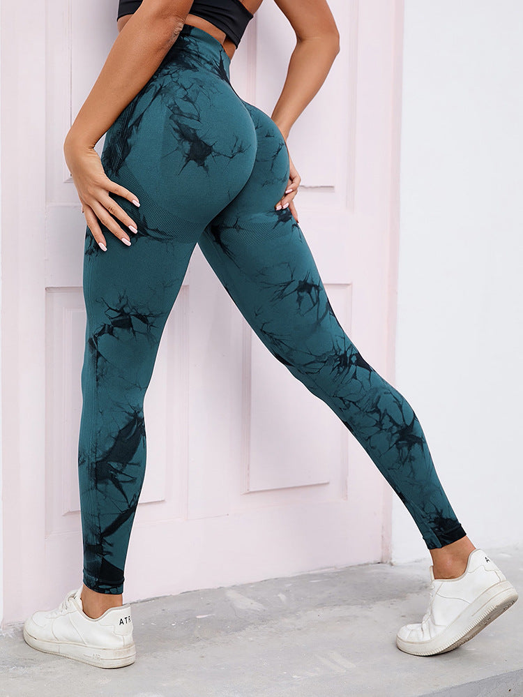 Hzori Skinny Peach Butt-Lift Underwear High Waist Belly Contracting Yoga Pants Seamless Tie-Dyed Sports Tights