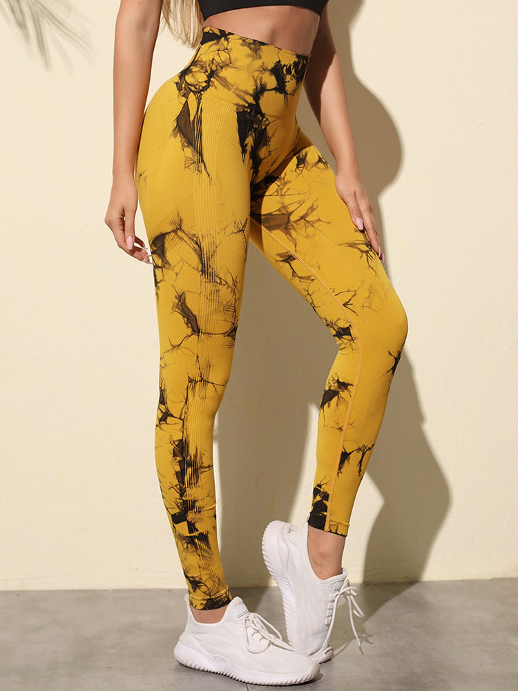 Hzori Skinny Peach Butt-Lift Underwear High Waist Belly Contracting Yoga Pants Seamless Tie-Dyed Sports Tights