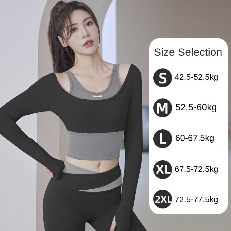 Hzori New Women's Quick-Drying Running Fitness Tight Fake Two-Piece Sports Top Suit with Chest Pad Long Sleeve Yoga Wear