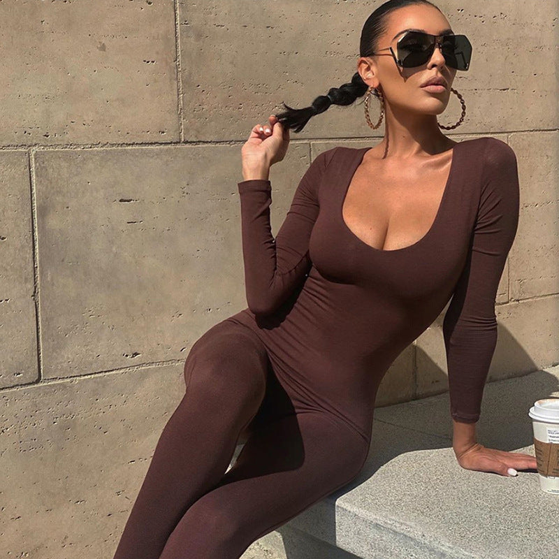 Hzori 2023 Spring and Autumn Women's New Low-Necked Close-Fitting Long Sleeve High Waist Pure Color Sports Fitness Jumpsuit