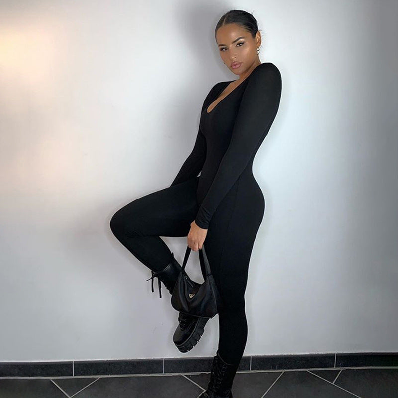 Hzori 2023 Spring and Autumn Women's New Low-Necked Close-Fitting Long Sleeve High Waist Pure Color Sports Fitness Jumpsuit