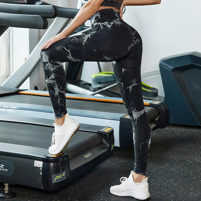 Hzori Skinny Peach Butt-Lift Underwear High Waist Belly Contracting Yoga Pants Seamless Tie-Dyed Sports Tights