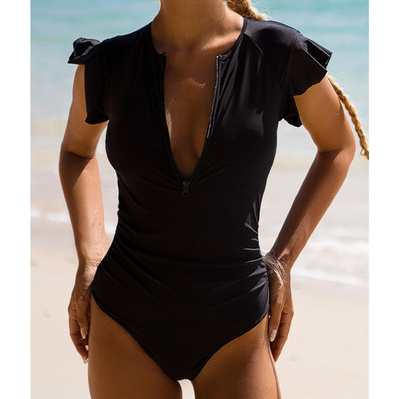 Hzori New Spring and Summer One-Piece Swimsuit Conservative Pure Color Ruffles Half Pack Beach Vacation Swimsuit Bikini