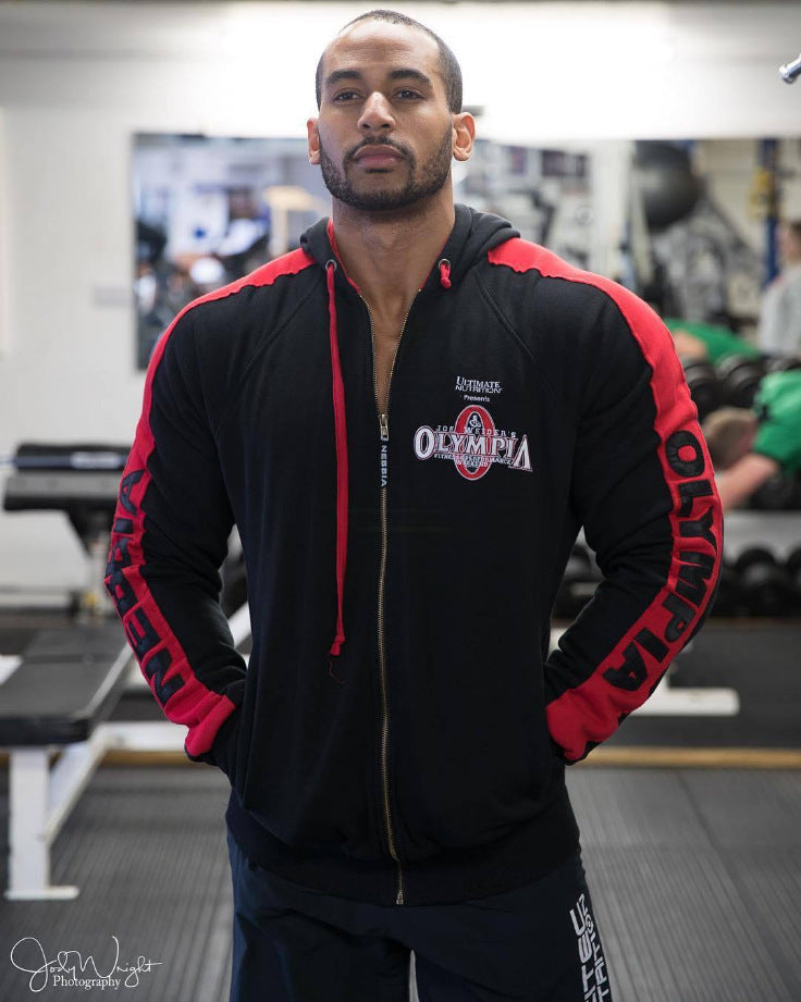 Hzori Autumn Hooded Zip-up Shirt Men's Fitness Competition Olympic Uniform Training Fitness Sports Top Fashion Colorblock Sweater
