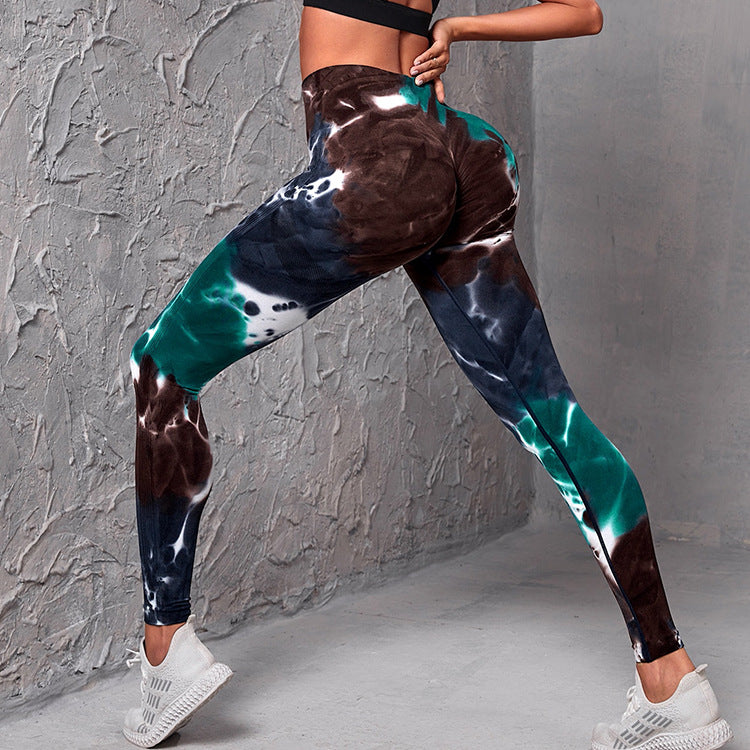 Hzori Skinny Peach Butt-Lift Underwear High Waist Belly Contracting Yoga Pants Seamless Tie-Dyed Sports Tights