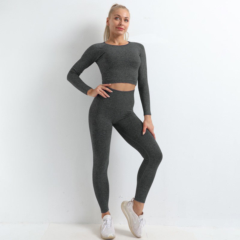 Hzori Thread Seamless Knitted Hip Yoga Suit Exercise Workout Outfit Long Sleeve Trousers Suit Women