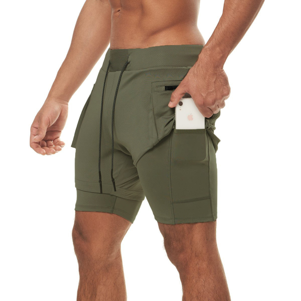 Hzori Summer Muscle Double Layer Sports and Fitness Shorts Men's Brothers Solid Color Breathable Running Training Knee Length Pants