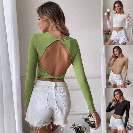 Hzori 2023 Cross-Border Women's Clothing Sexy Backless Casual Short Slim Knitted Long-Sleeved T-shirt Top Outer Wear Underwear