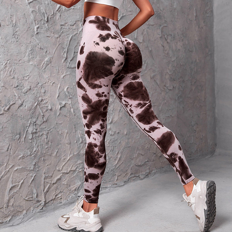 Hzori Skinny Peach Butt-Lift Underwear High Waist Belly Contracting Yoga Pants Seamless Tie-Dyed Sports Tights