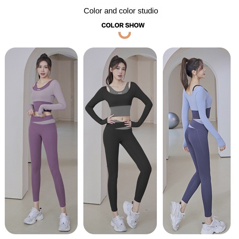 Hzori New Women's Quick-Drying Running Fitness Tight Fake Two-Piece Sports Top Suit with Chest Pad Long Sleeve Yoga Wear