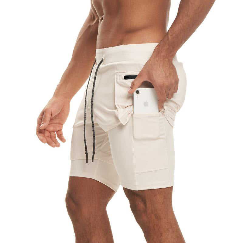 Hzori Summer Muscle Double Layer Sports and Fitness Shorts Men's Brothers Solid Color Breathable Running Training Knee Length Pants
