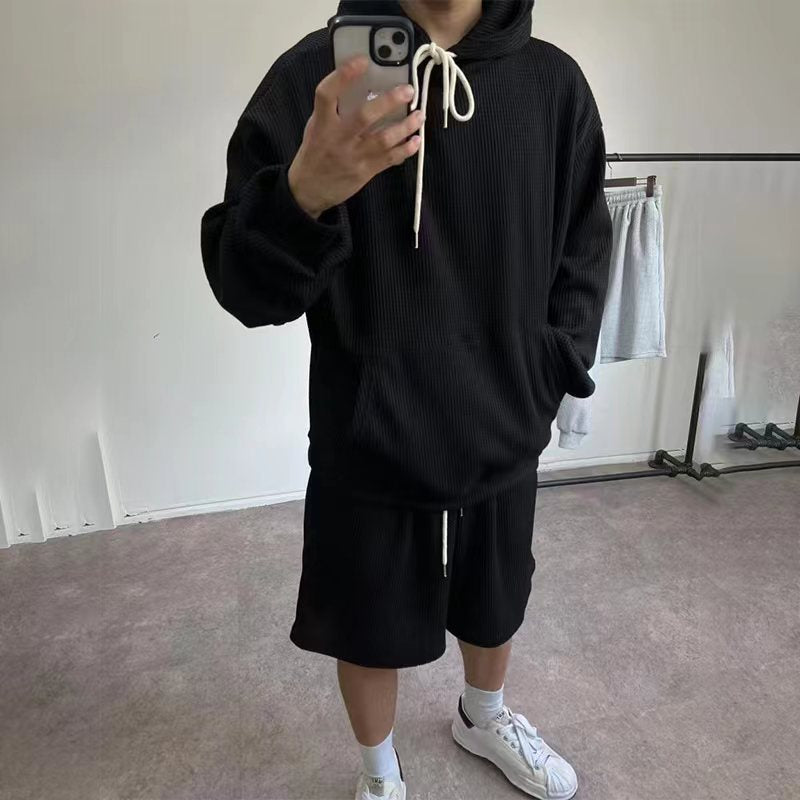 Hzori Loose Trendy Sports Suit Men's Autumn Loose Hooded Fleece and Shorts Running Workout Training Clothes
