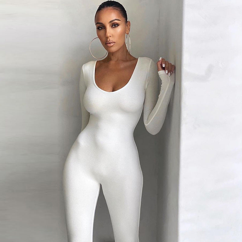Hzori 2023 Spring and Autumn Women's New Low-Necked Close-Fitting Long Sleeve High Waist Pure Color Sports Fitness Jumpsuit