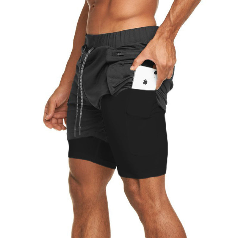 Hzori Summer Muscle Double Layer Sports and Fitness Shorts Men's Brothers Solid Color Breathable Running Training Knee Length Pants