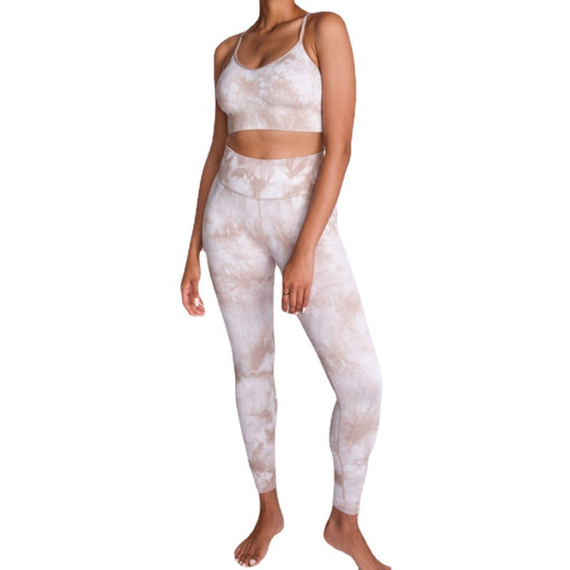 Hzori New Quick-Drying Seamless Tie-Dye Yoga Sports Running Beauty Back Bra and Trousers Suit Fitness Women