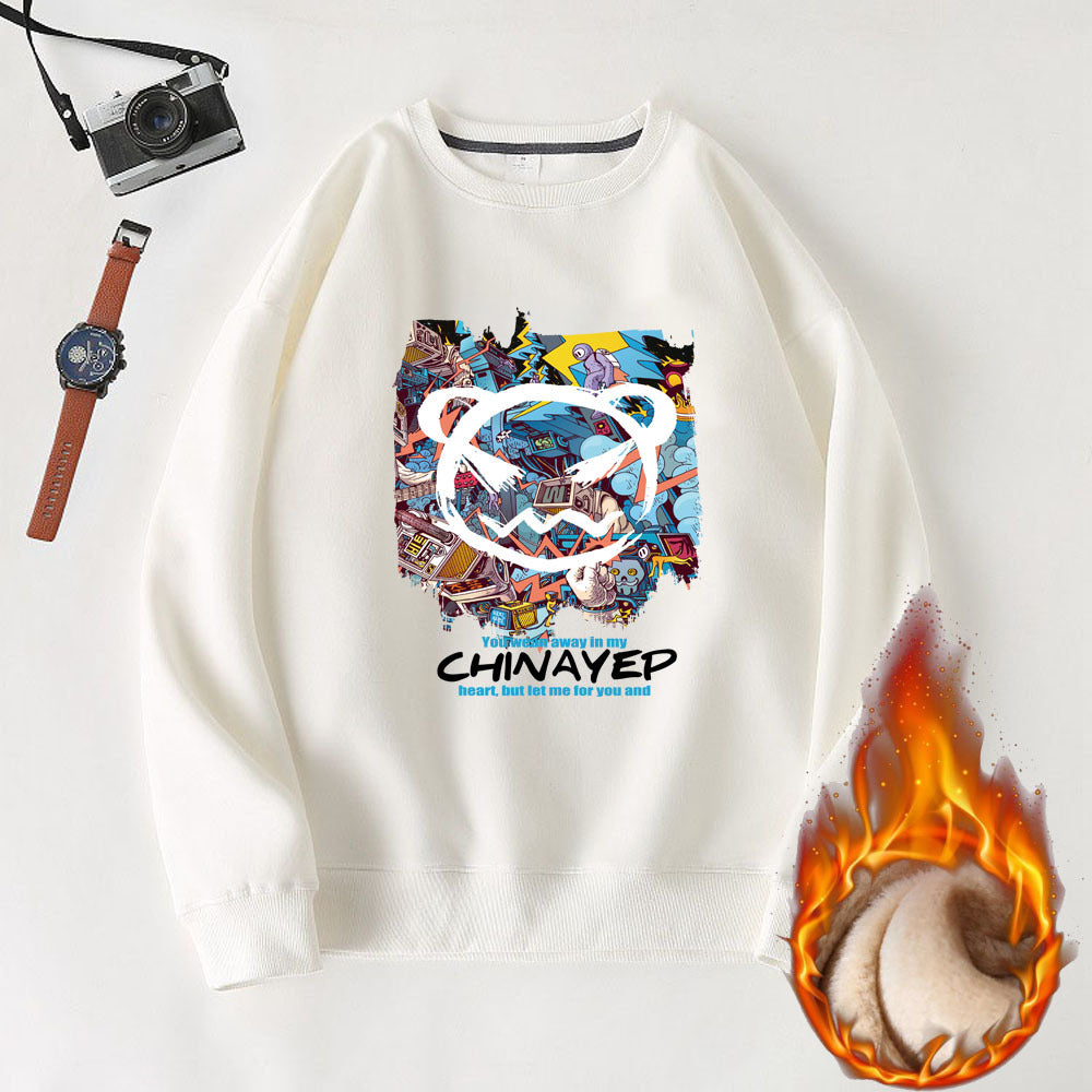 Hzori Men's Sweater Autumn and Winter New Loose Trendy round Neck Fleece-Lined Sweater Men's Casual Sports All-Matching Men's Top