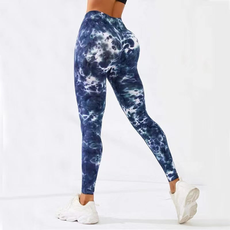Hzori Skinny Peach Butt-Lift Underwear High Waist Belly Contracting Yoga Pants Seamless Tie-Dyed Sports Tights