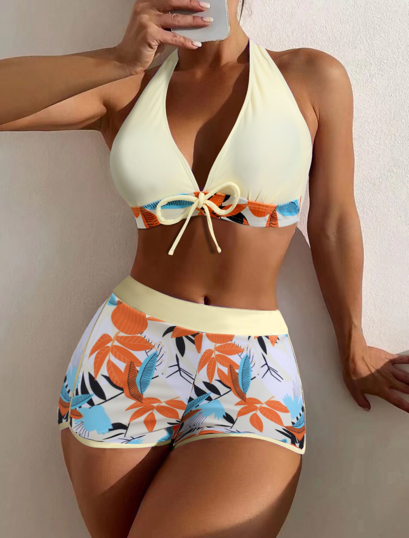 Hzori 2023 Swimsuit Female Split High Waist Boxer Lace Printing Solid Color Stitching Internet Famous Swimsuit