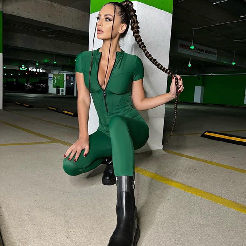 Hzori Sexy Tight Striped Jumpsuit Autumn and Winter New Fashion Short Sleeve Long Women's Clothing Can Be Worn outside