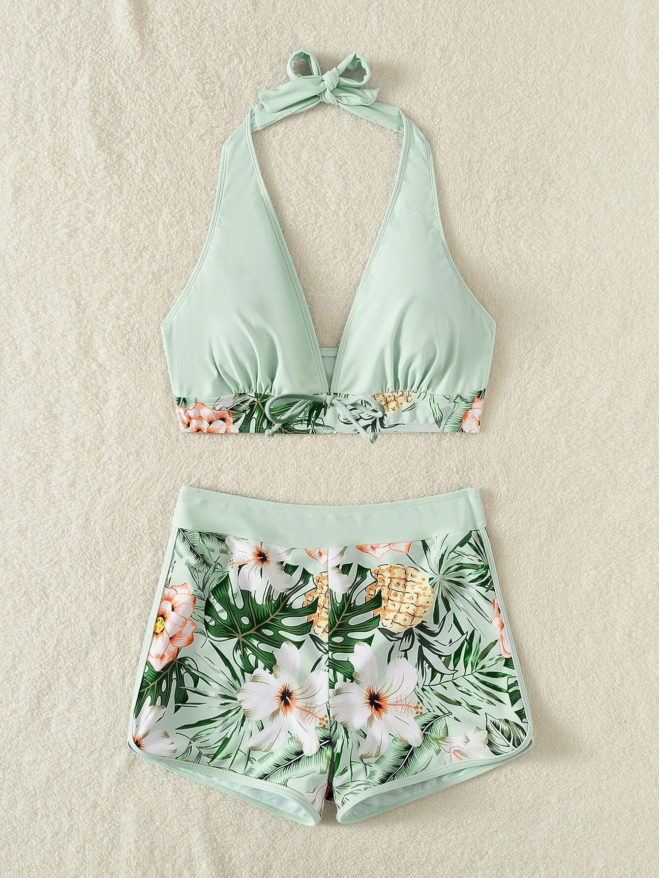 Hzori 2023 Swimsuit Female Split High Waist Boxer Lace Printing Solid Color Stitching Internet Famous Swimsuit