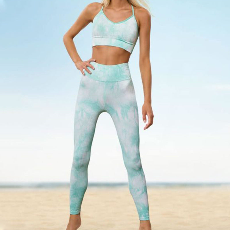 Hzori New Quick-Drying Seamless Tie-Dye Yoga Sports Running Beauty Back Bra and Trousers Suit Fitness Women