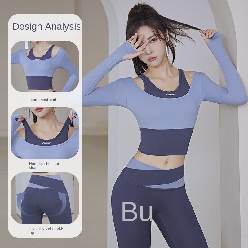 Hzori New Women's Quick-Drying Running Fitness Tight Fake Two-Piece Sports Top Suit with Chest Pad Long Sleeve Yoga Wear