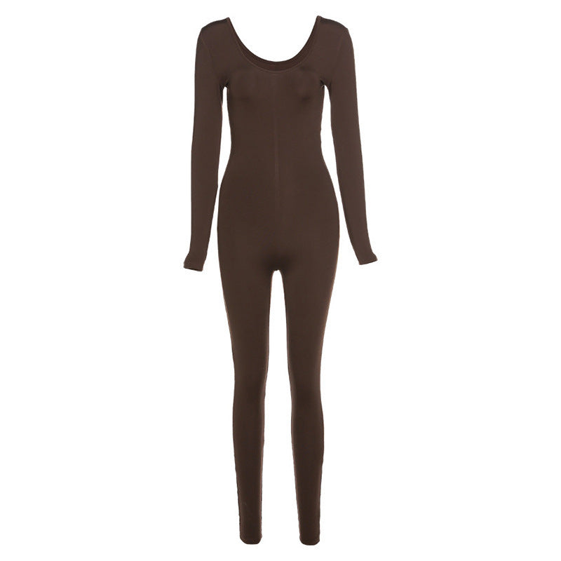 Hzori 2023 Spring and Autumn Women's New Low-Necked Close-Fitting Long Sleeve High Waist Pure Color Sports Fitness Jumpsuit
