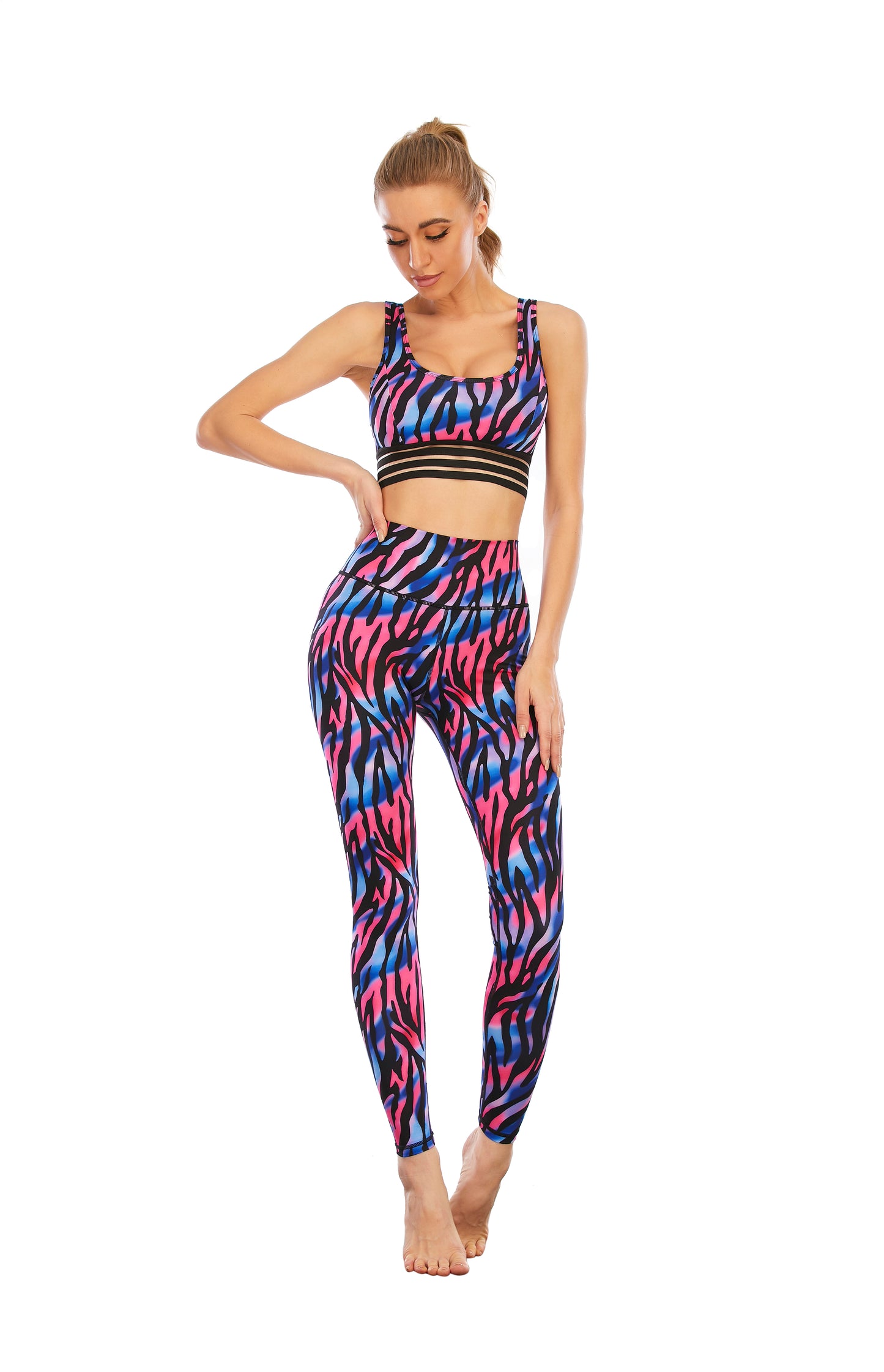 HZORI® | SPORTS YOGA SUIT WOMEN'S Blue pink stripes print