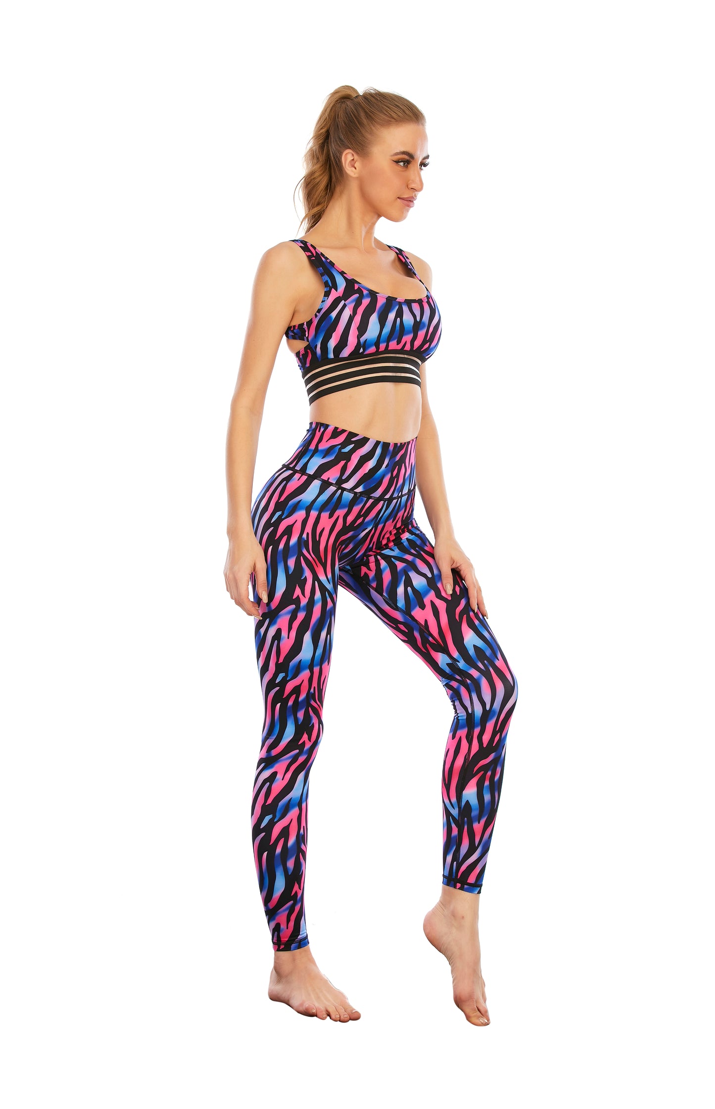 HZORI® | SPORTS YOGA SUIT WOMEN'S Blue pink stripes print