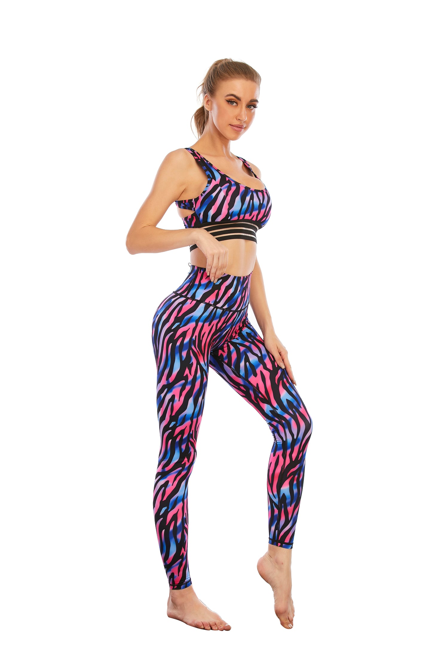 HZORI® | SPORTS YOGA SUIT WOMEN'S Blue pink stripes print