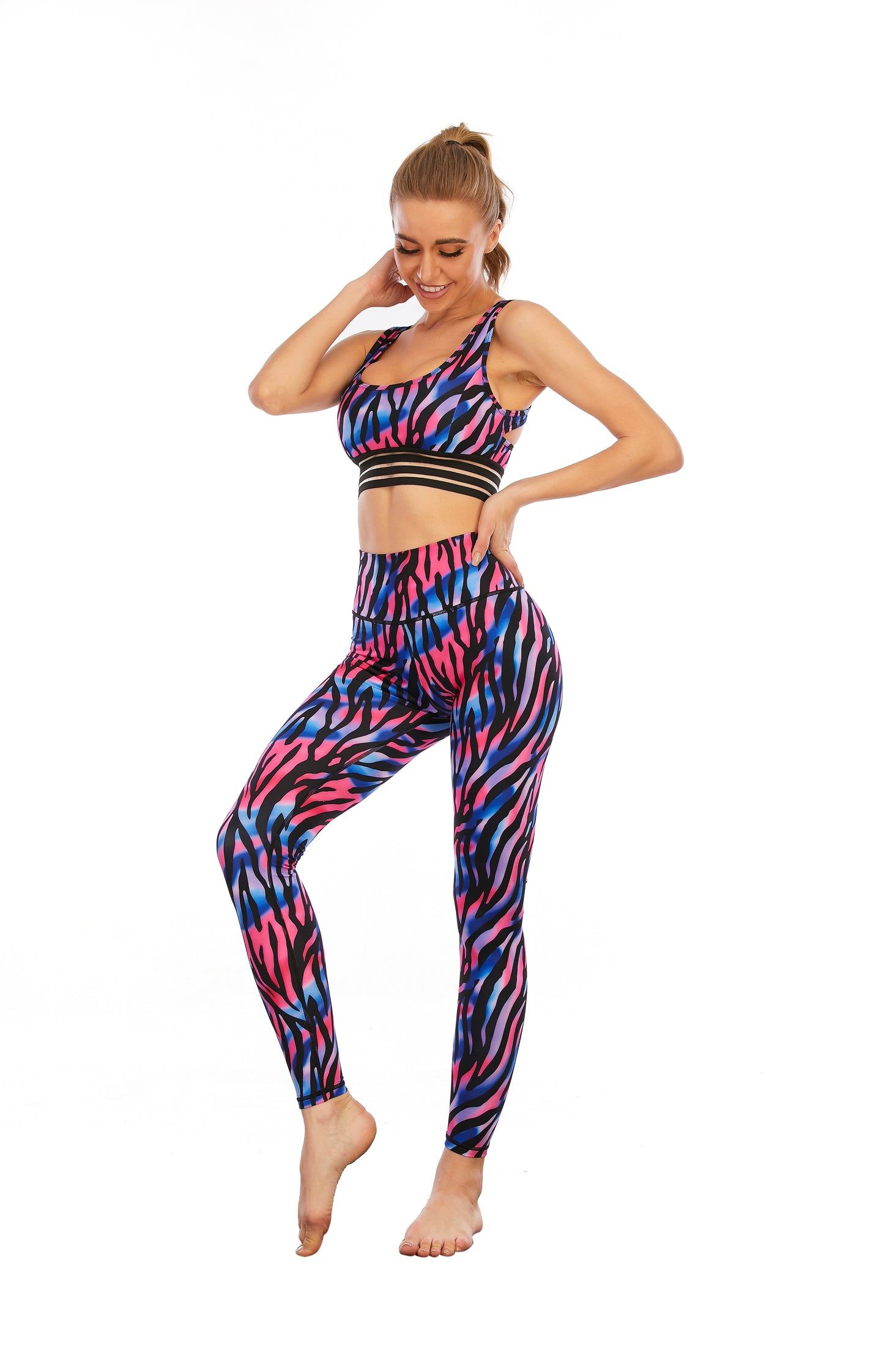 HZORI® | SPORTS YOGA SUIT WOMEN'S Blue pink stripes print