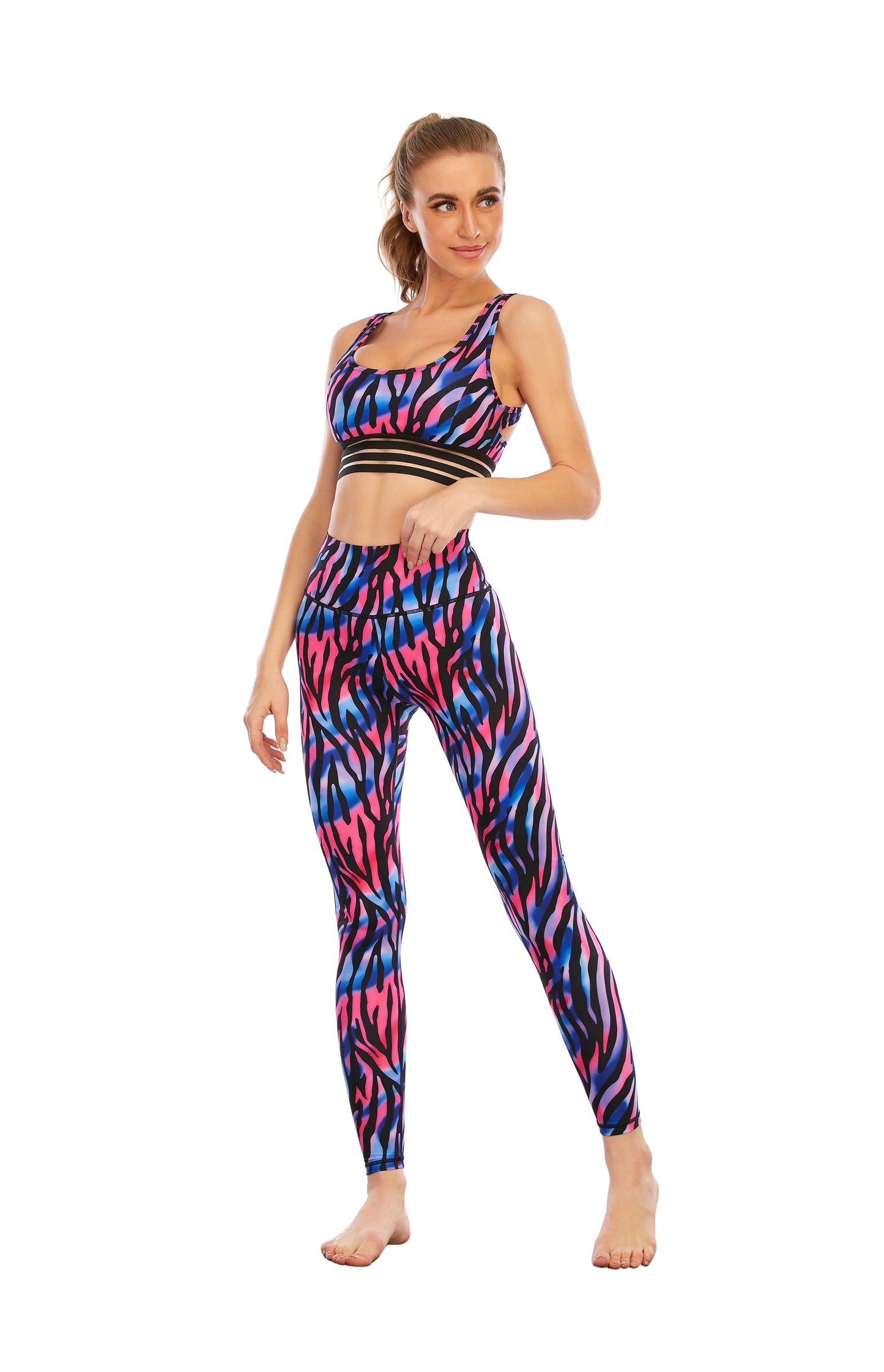 HZORI® | SPORTS YOGA SUIT WOMEN'S Blue pink stripes print