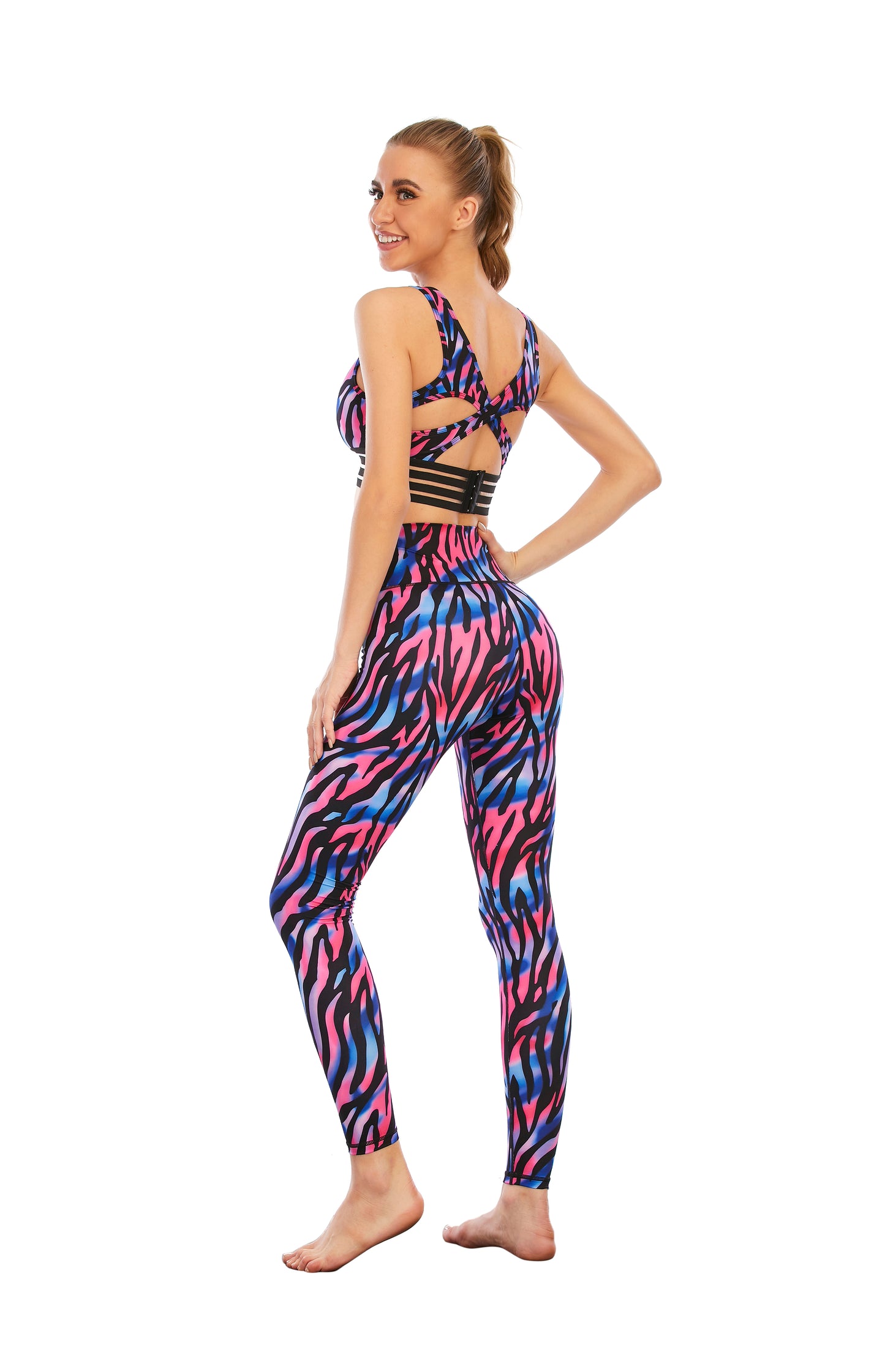 HZORI® | SPORTS YOGA SUIT WOMEN'S Blue pink stripes print