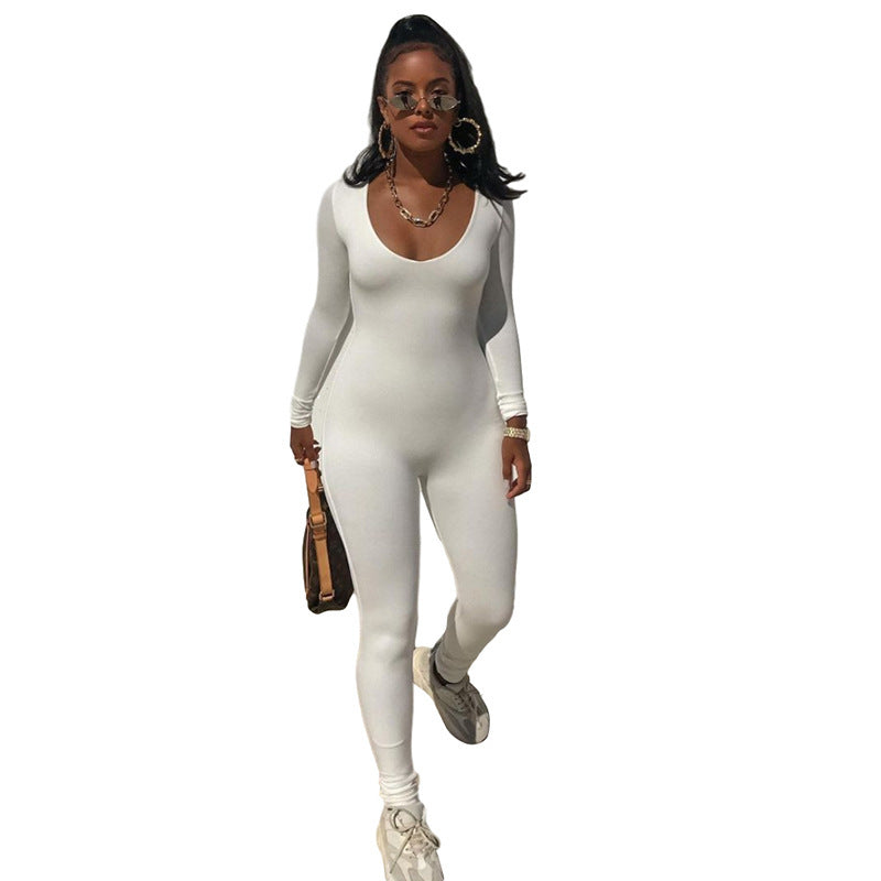 Hzori 2023 Spring and Autumn Women's New Low-Necked Close-Fitting Long Sleeve High Waist Pure Color Sports Fitness Jumpsuit