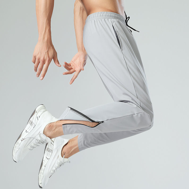 Hzori Sports Pants Men's Spring/Summer Ice Silk Quick-Drying Breathable Fitness Ankle Banded Drawstring Straight Casual Side Zipper Trousers Running Pants