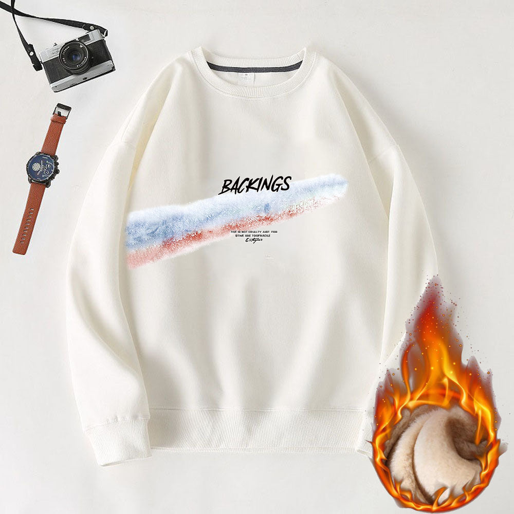 Hzori Men's Sweater Autumn and Winter New Loose Trendy round Neck Fleece-Lined Sweater Men's Casual Sports All-Matching Men's Top