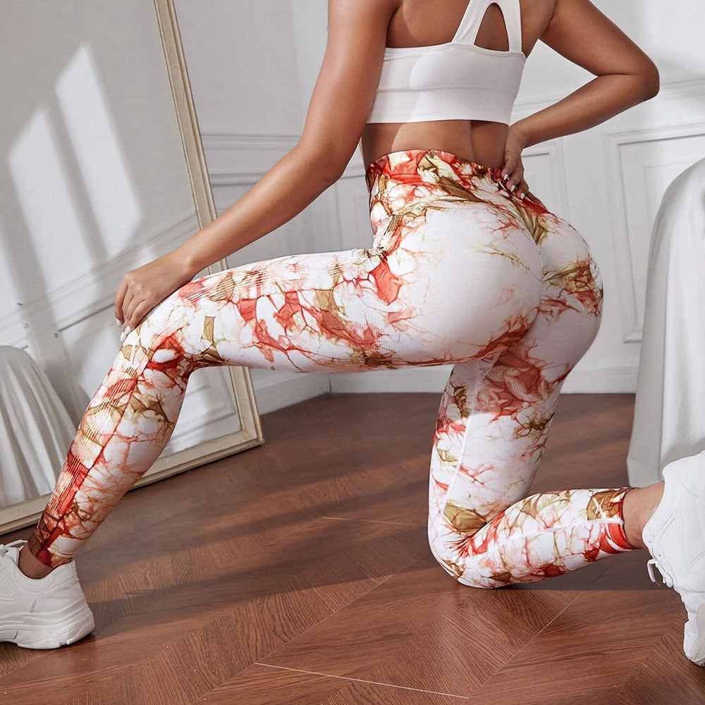 Hzori Skinny Peach Butt-Lift Underwear High Waist Belly Contracting Yoga Pants Seamless Tie-Dyed Sports Tights