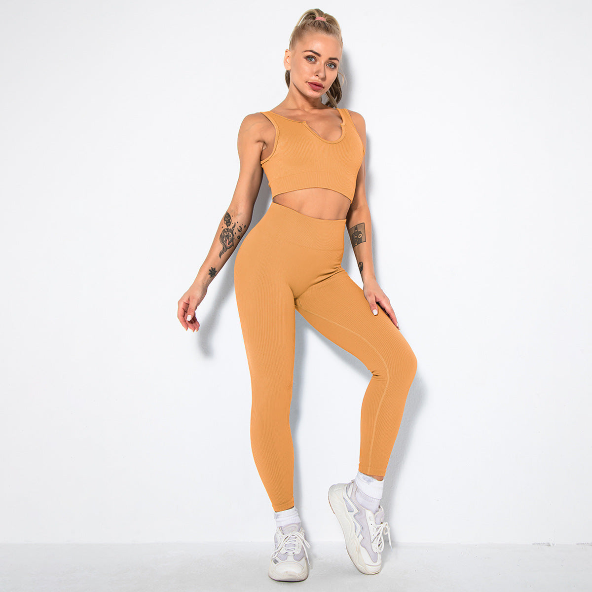 Hzori Sexy Seamless Knitted Thread Sexy Sports Vest Pants Yoga Clothes Fitness Suit Women