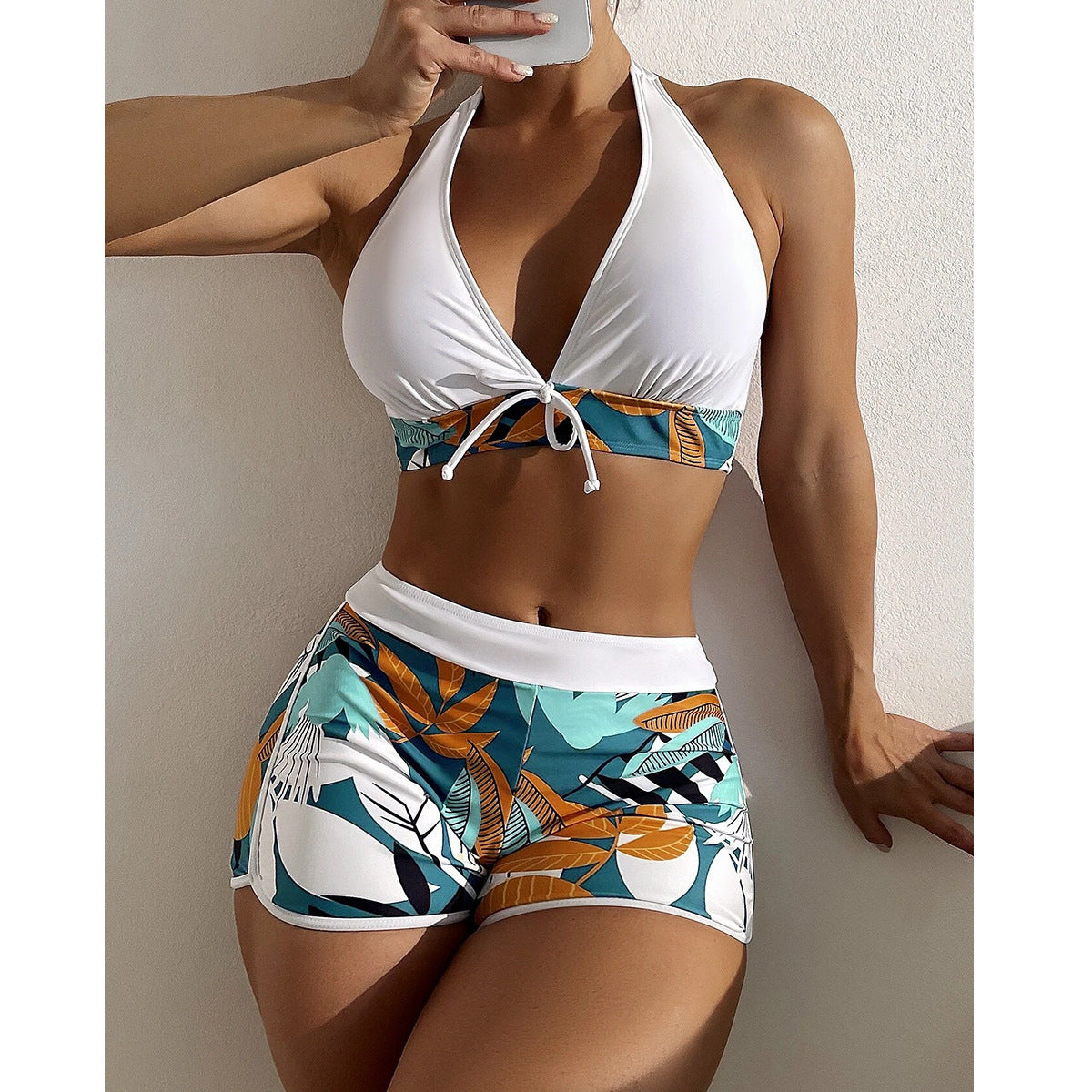 Hzori 2023 Swimsuit Female Split High Waist Boxer Lace Printing Solid Color Stitching Internet Famous Swimsuit