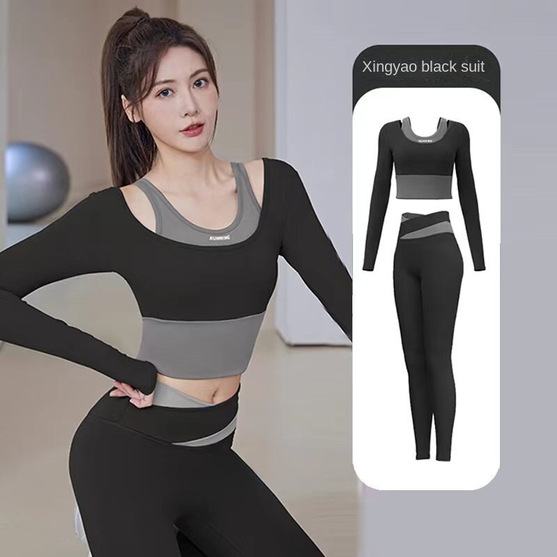 Hzori New Women's Quick-Drying Running Fitness Tight Fake Two-Piece Sports Top Suit with Chest Pad Long Sleeve Yoga Wear
