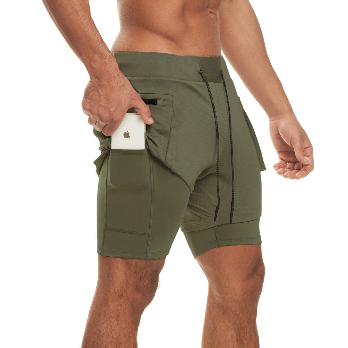 Hzori Summer Muscle Double Layer Sports and Fitness Shorts Men's Brothers Solid Color Breathable Running Training Knee Length Pants