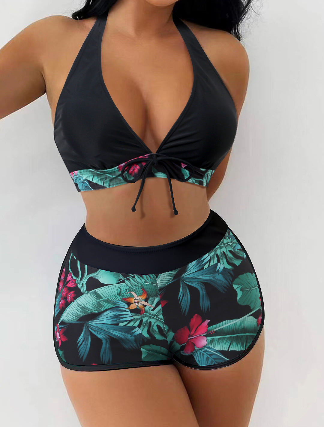 Hzori 2023 Swimsuit Female Split High Waist Boxer Lace Printing Solid Color Stitching Internet Famous Swimsuit