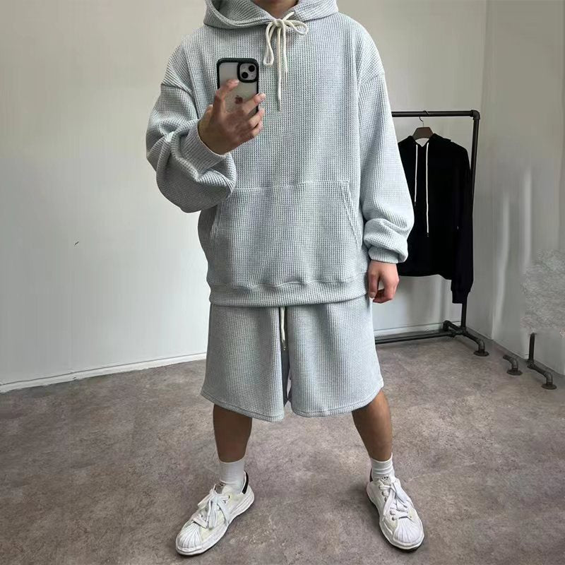 Hzori Loose Trendy Sports Suit Men's Autumn Loose Hooded Fleece and Shorts Running Workout Training Clothes
