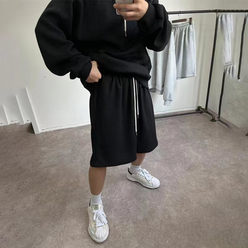 Hzori Loose Trendy Sports Suit Men's Autumn Loose Hooded Fleece and Shorts Running Workout Training Clothes