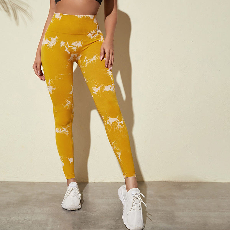 Hzori Skinny Peach Butt-Lift Underwear High Waist Belly Contracting Yoga Pants Seamless Tie-Dyed Sports Tights