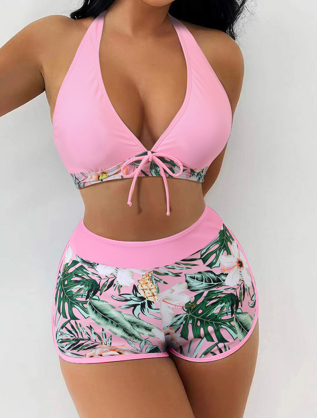 Hzori 2023 Swimsuit Female Split High Waist Boxer Lace Printing Solid Color Stitching Internet Famous Swimsuit