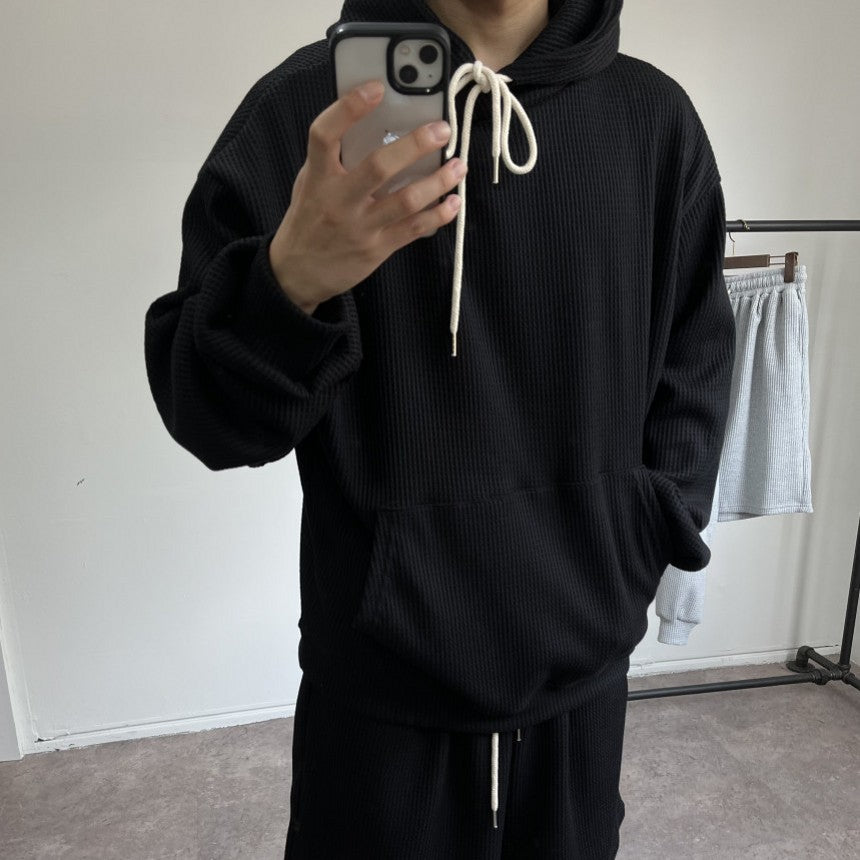 Hzori Loose Trendy Sports Suit Men's Autumn Loose Hooded Fleece and Shorts Running Workout Training Clothes